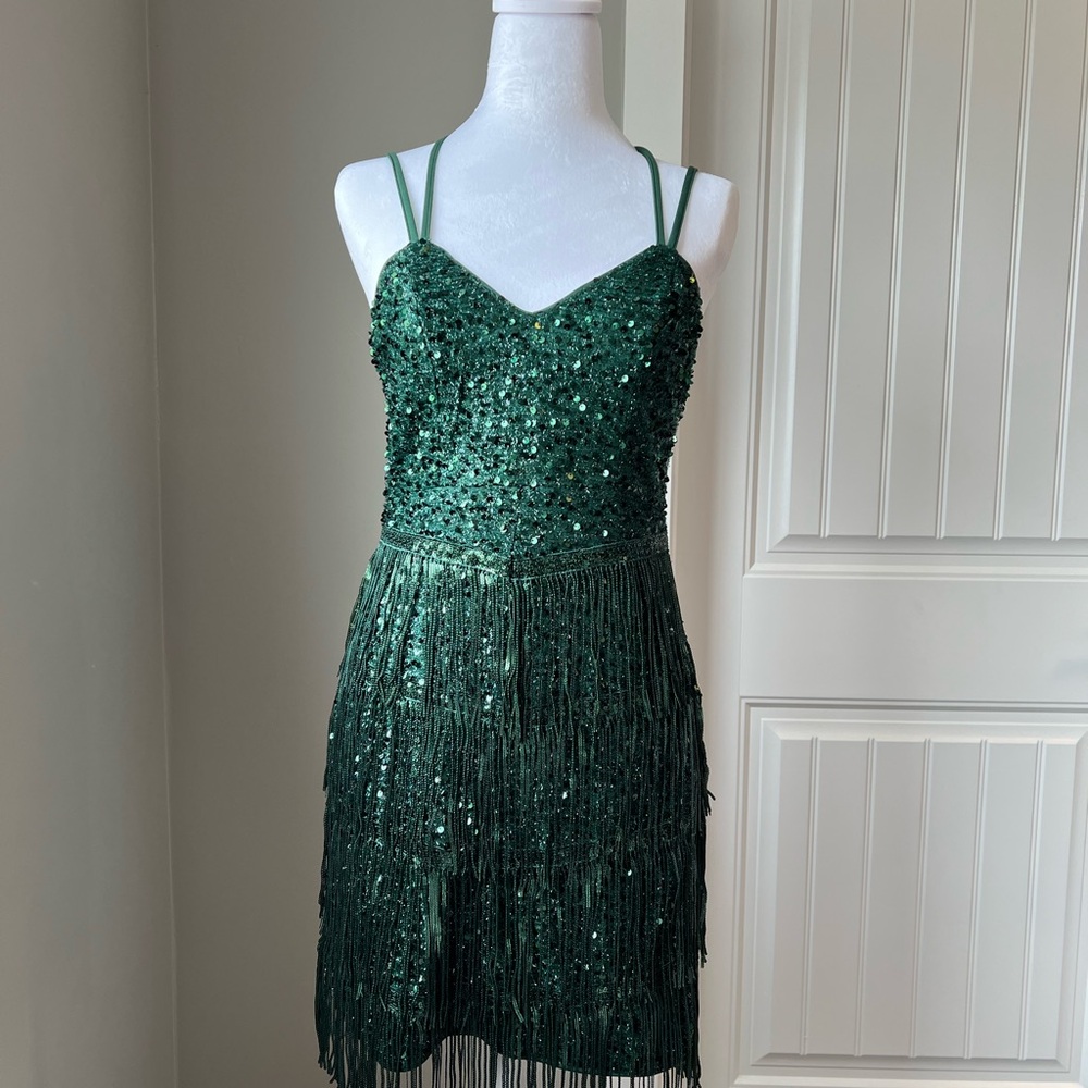 Green Sequin Fringe Party Dress